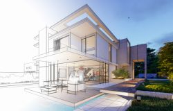 3D rendering of an upscale modern villa with pool and garden